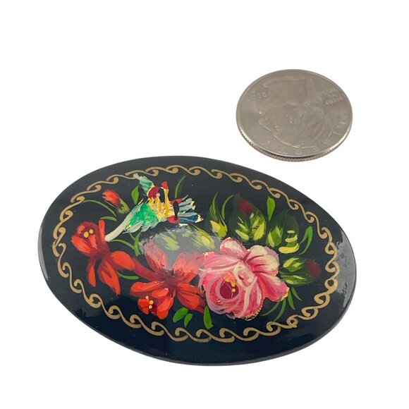 Hand-Painted Russian Floral Oval Brooch Pin 2 1/4'' Colorful Artsy - Picture 6 of 7